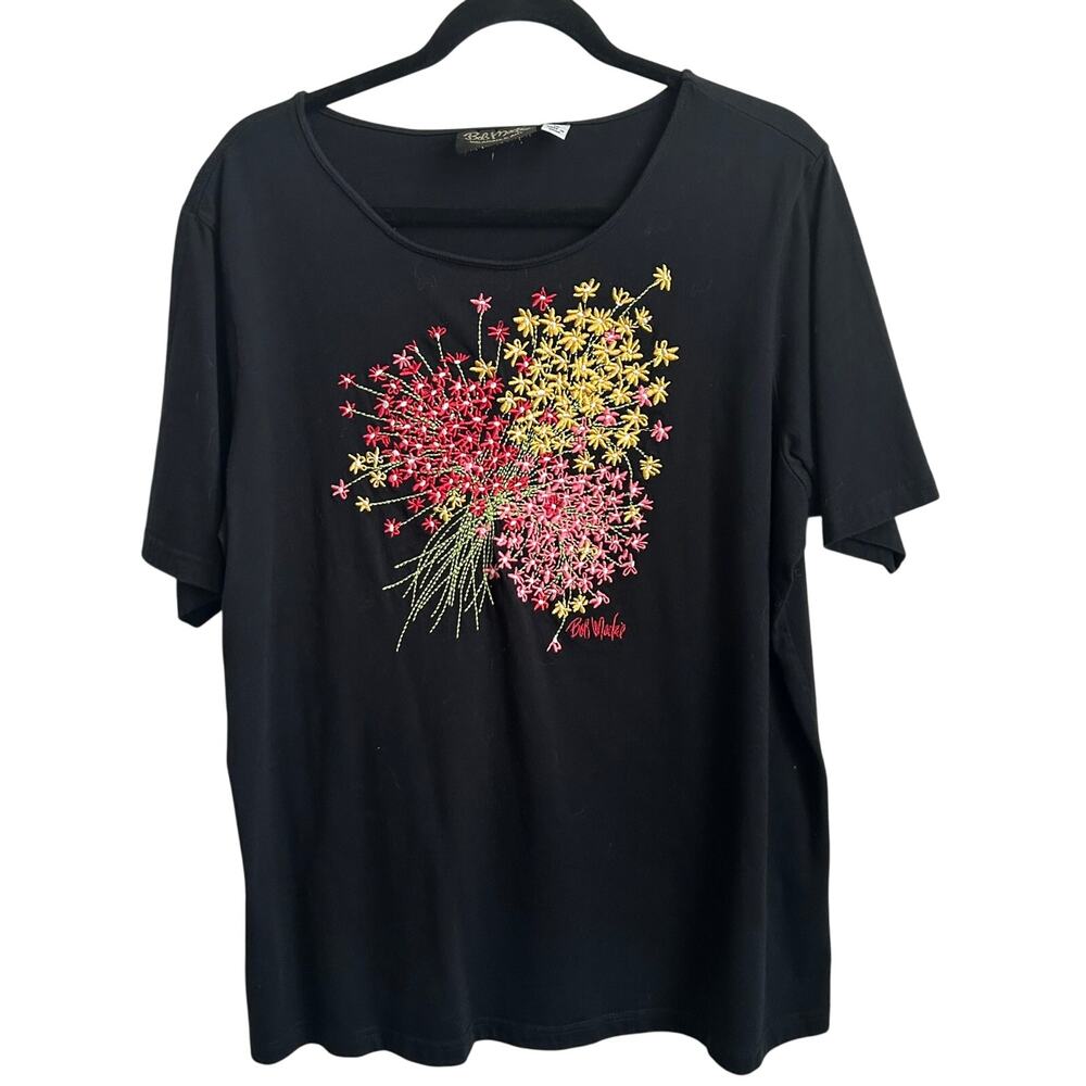 Bob Mackie Wearable Art Embroidered Floral Bouquet Black Cotton Tee Size 1X